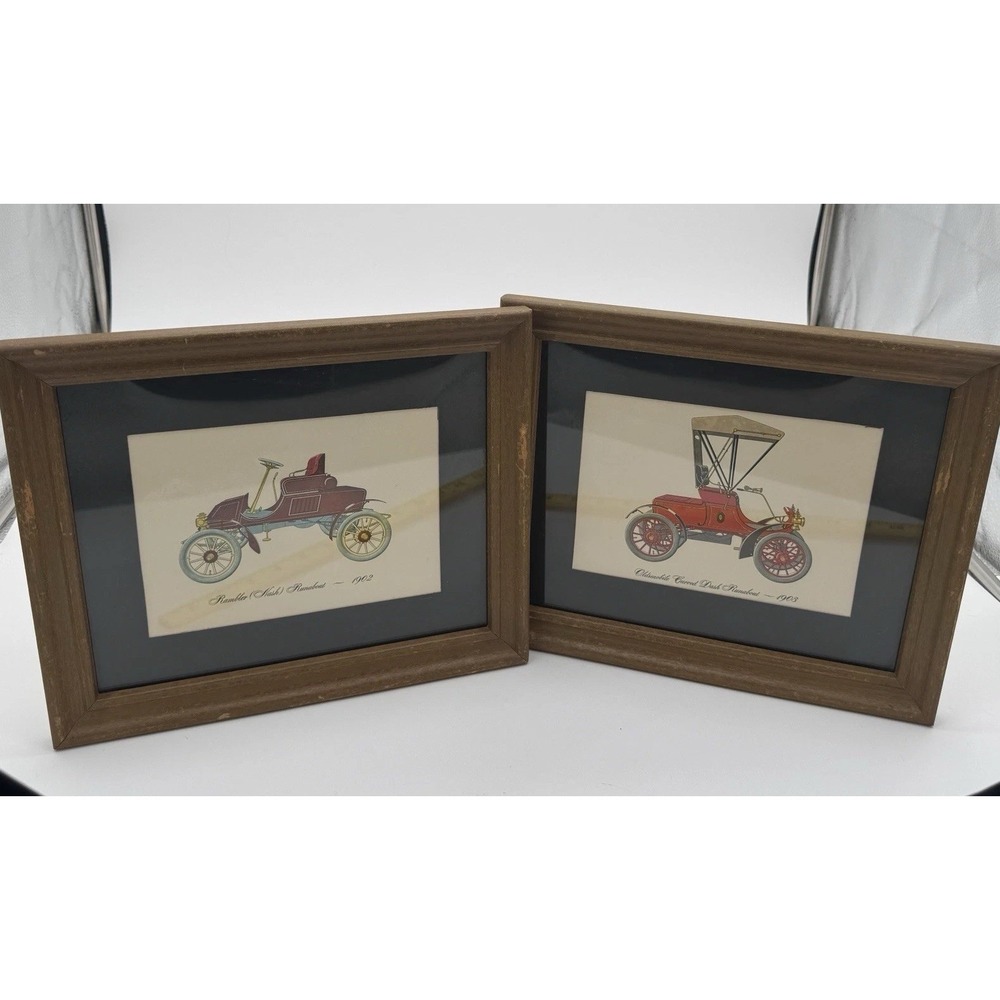 VTG Art Crest Early Automobiles Framed Prints Set Of 2 Rambler Oldsmobile‎ 11x9